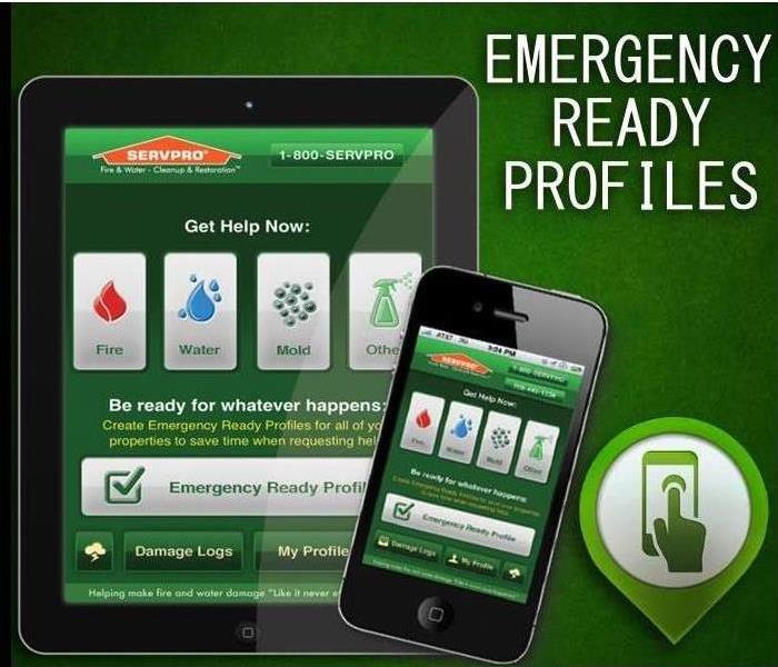 Green background with iPad and iPhone with SERVPRO ERP app. "emergency ready profile" in top corner